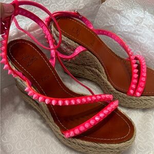 Christian Louboutin Neon Pink Studded Espadrille Wedge Sandals